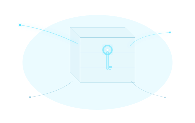 Key vault cube with glowing key and teal data streams flowing in/out, dark blue background