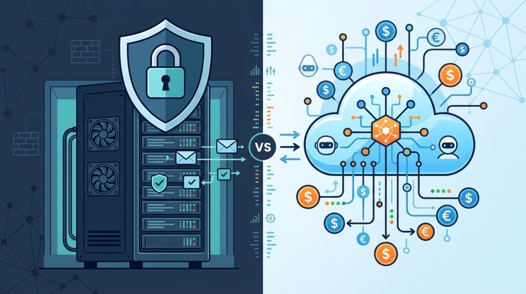 Split comparison illustration of self-hosted versus cloud AI agents, showing a secured on-premises server with a lock icon on one side and a cloud symbol with connected nodes and currency icons on the other